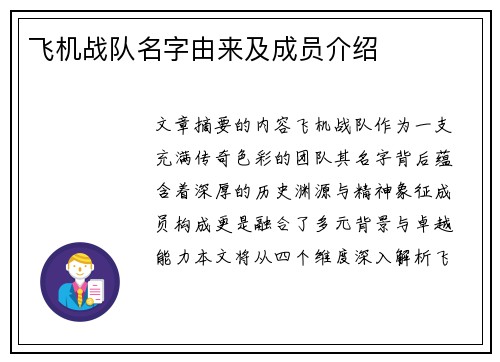 飞机战队名字由来及成员介绍